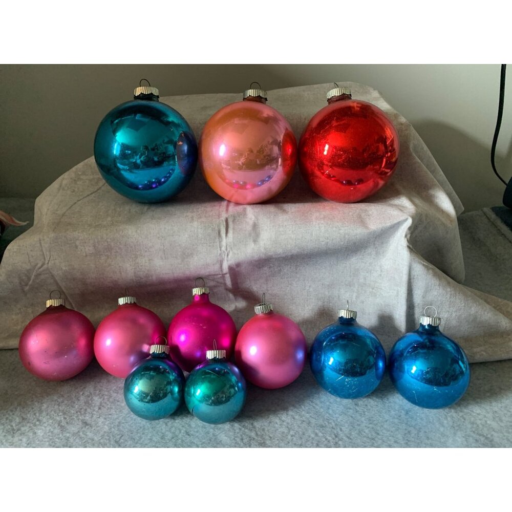 Vintage Shiny Brite Glass Christmas Ornaments Set 11 Teal Pink Red